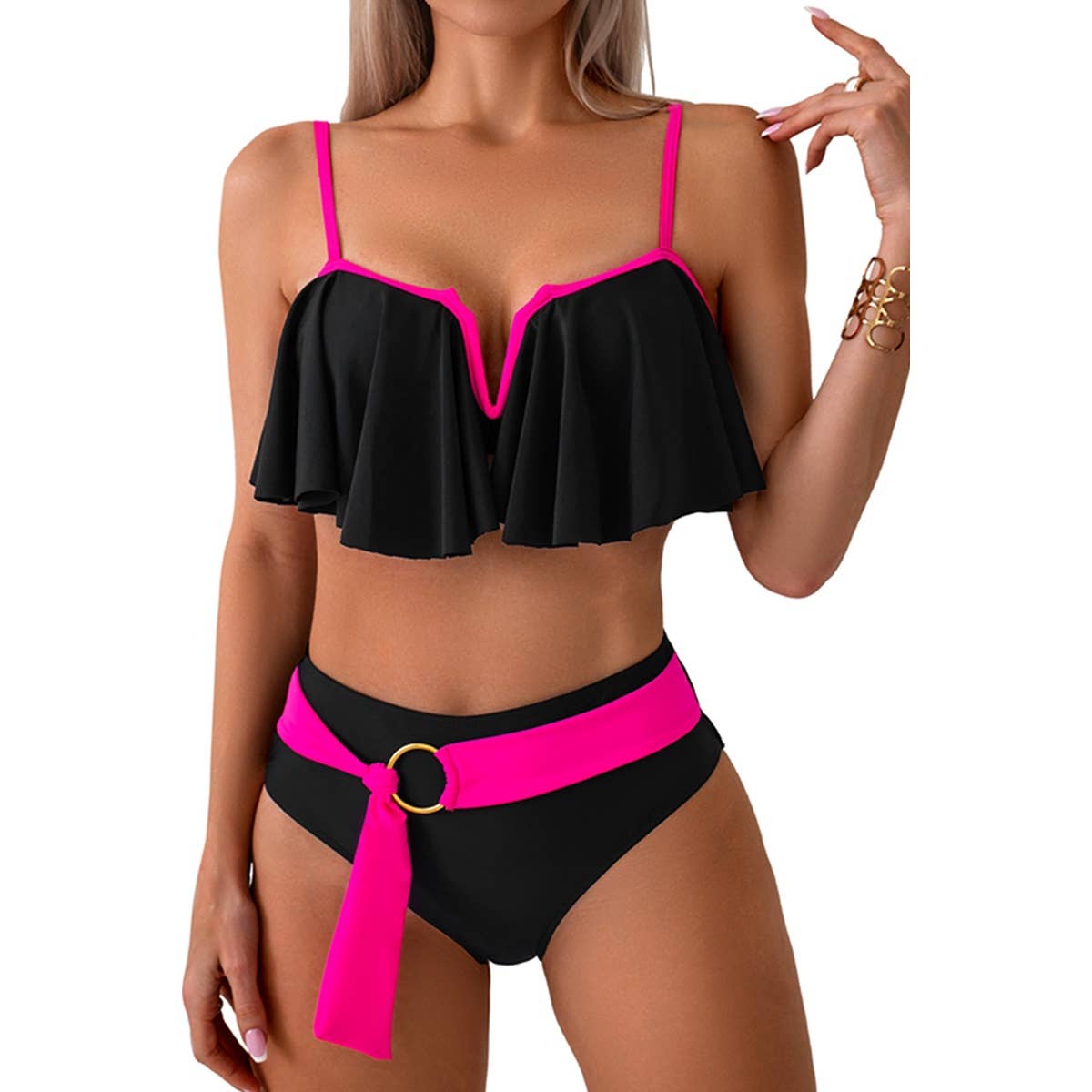 Two Pieces Ruffle Open Back Belt Trim Swimsuit - MVTFASHION.COM