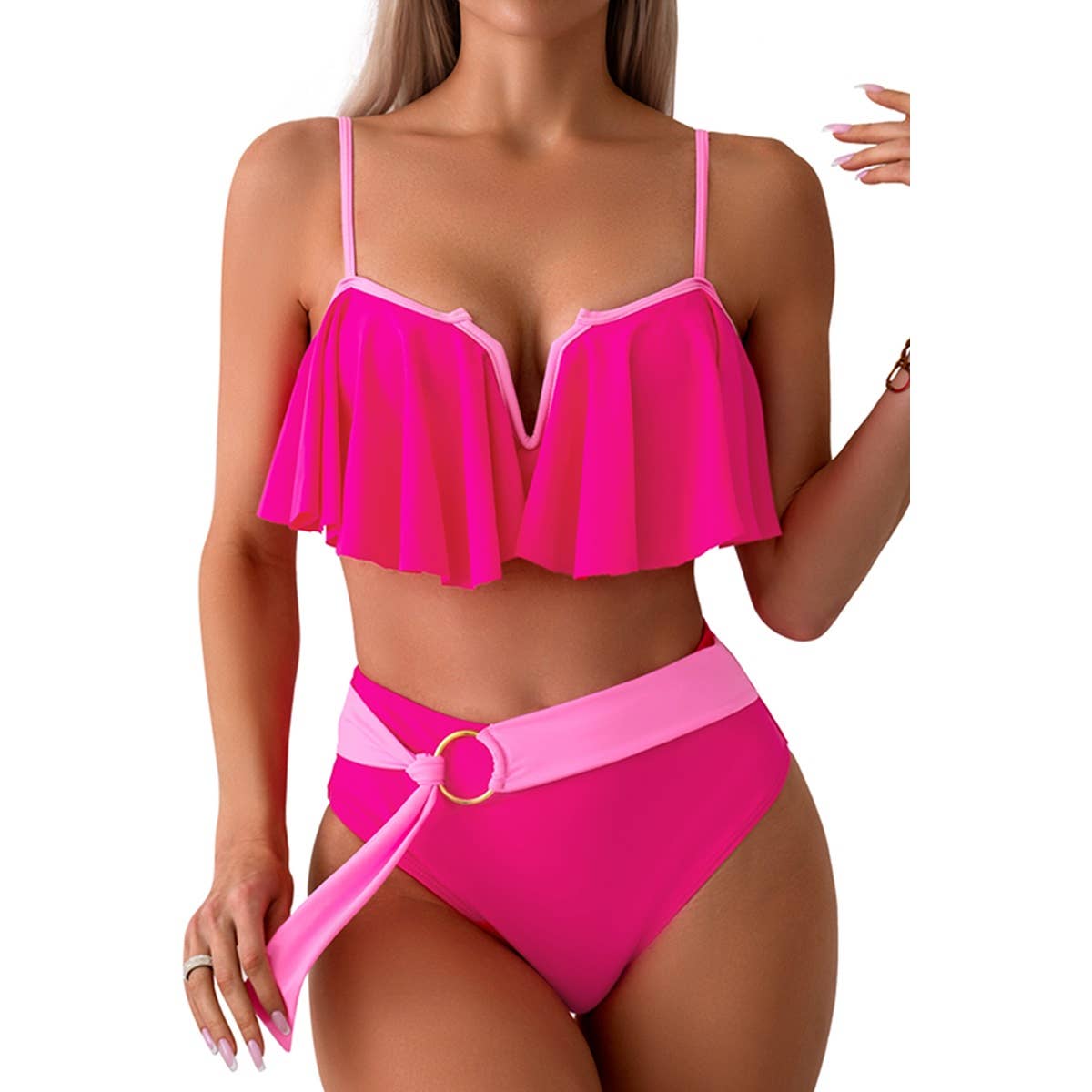 Two Pieces Ruffle Open Back Belt Trim Swimsuit - MVTFASHION.COM