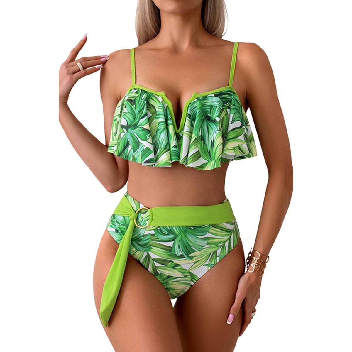 Two Pieces Ruffle Open Back Belt Trim Swimsuit - MVTFASHION.COM