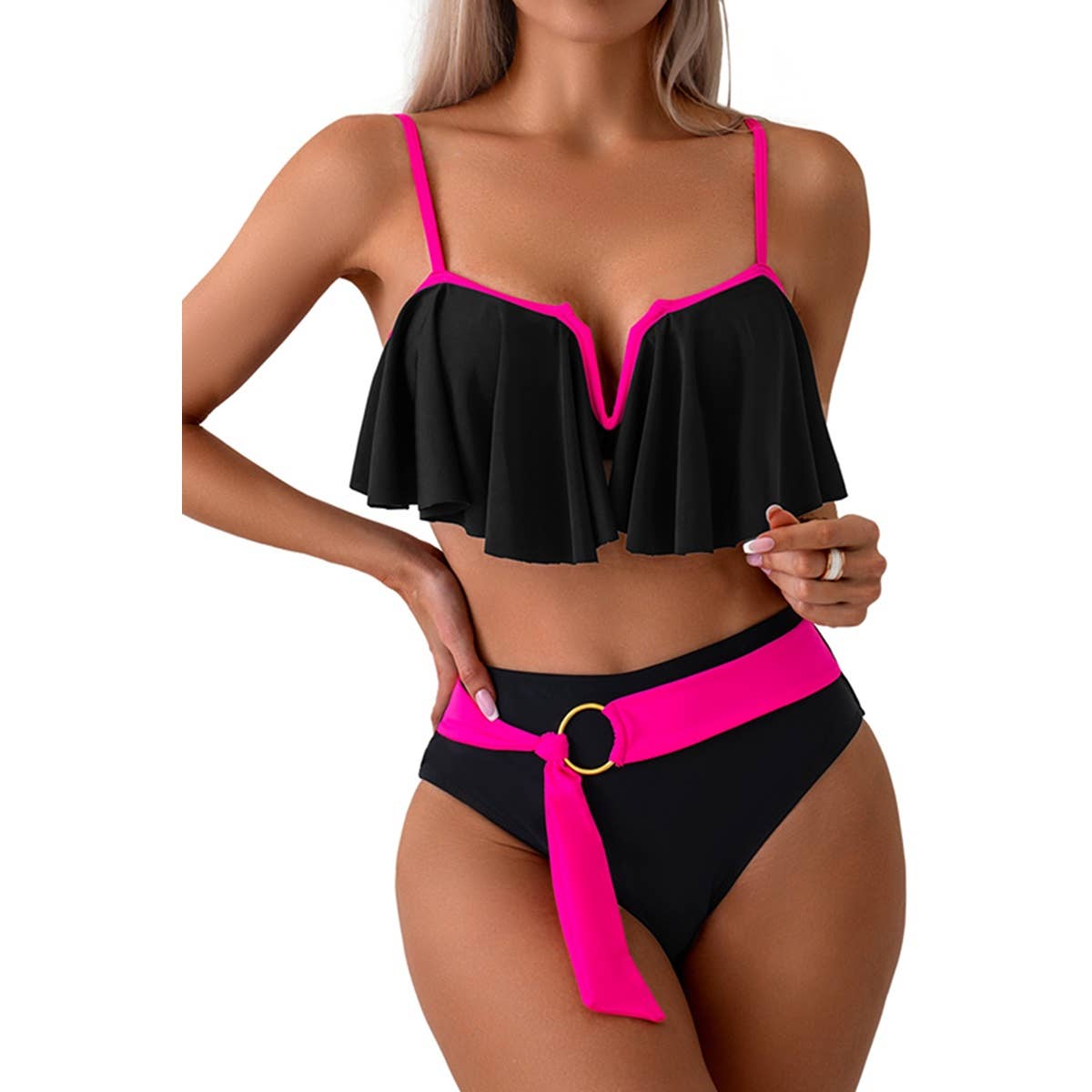 Two Pieces Ruffle Open Back Belt Trim Swimsuit - MVTFASHION.COM