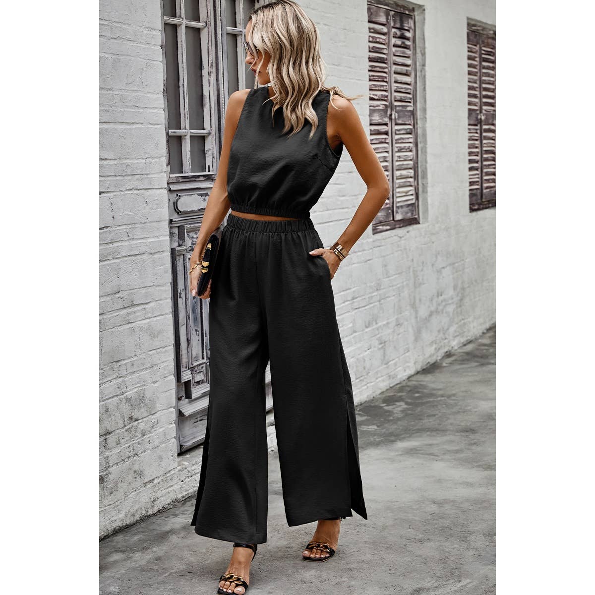 Two Pieces Side Open Pockets Sleeveless Sets - MVTFASHION.COM