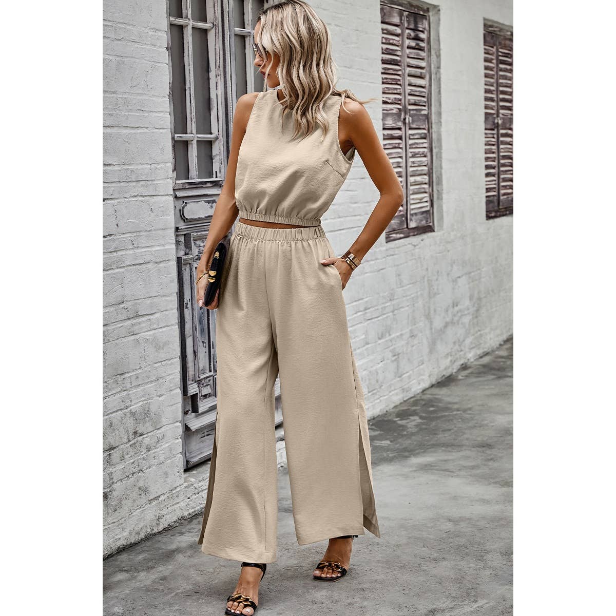 Two Pieces Side Open Pockets Sleeveless Sets - MVTFASHION.COM