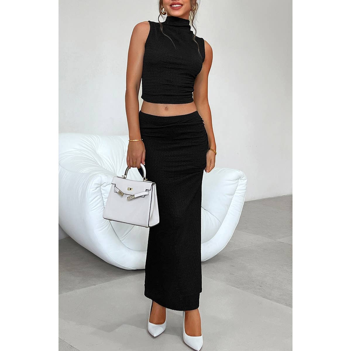 Two Pieces Sleeveless Solid Elast Top Fit Skirt - MVTFASHION.COM