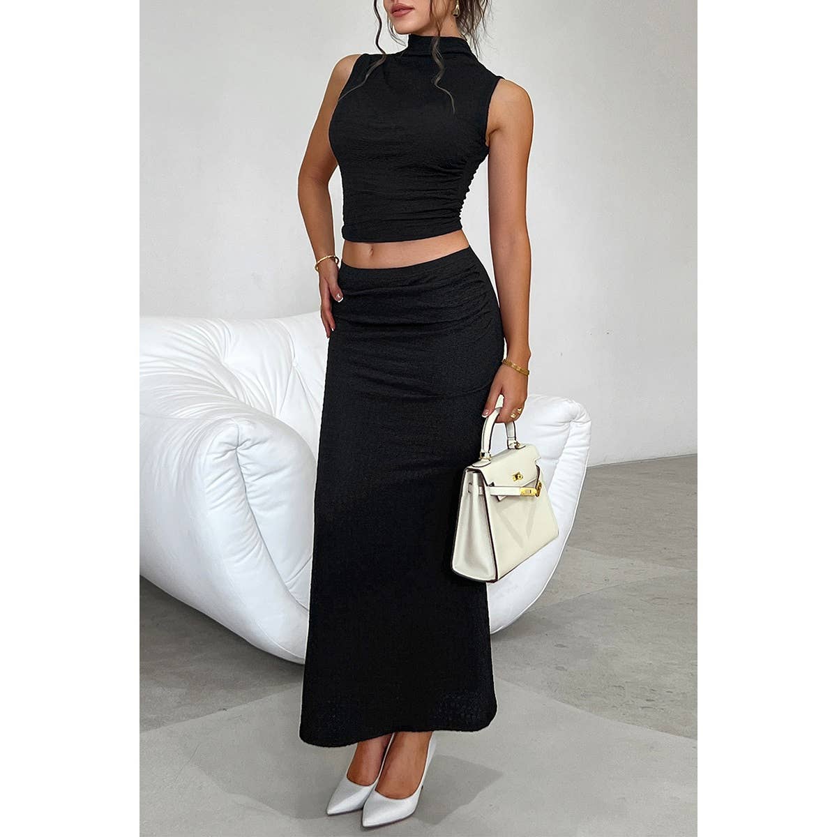 Two Pieces Sleeveless Solid Elast Top Fit Skirt - MVTFASHION.COM