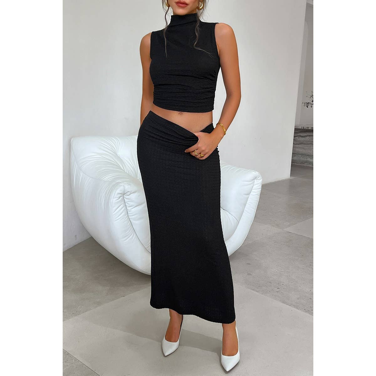 Two Pieces Sleeveless Solid Elast Top Fit Skirt - MVTFASHION.COM