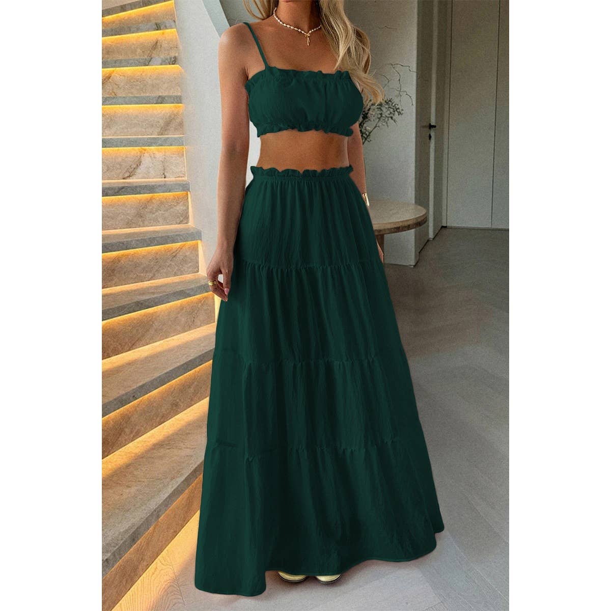 Two Pieces Sleeveless Tank Top And Maxi Skirt Set - MVTFASHION.COM
