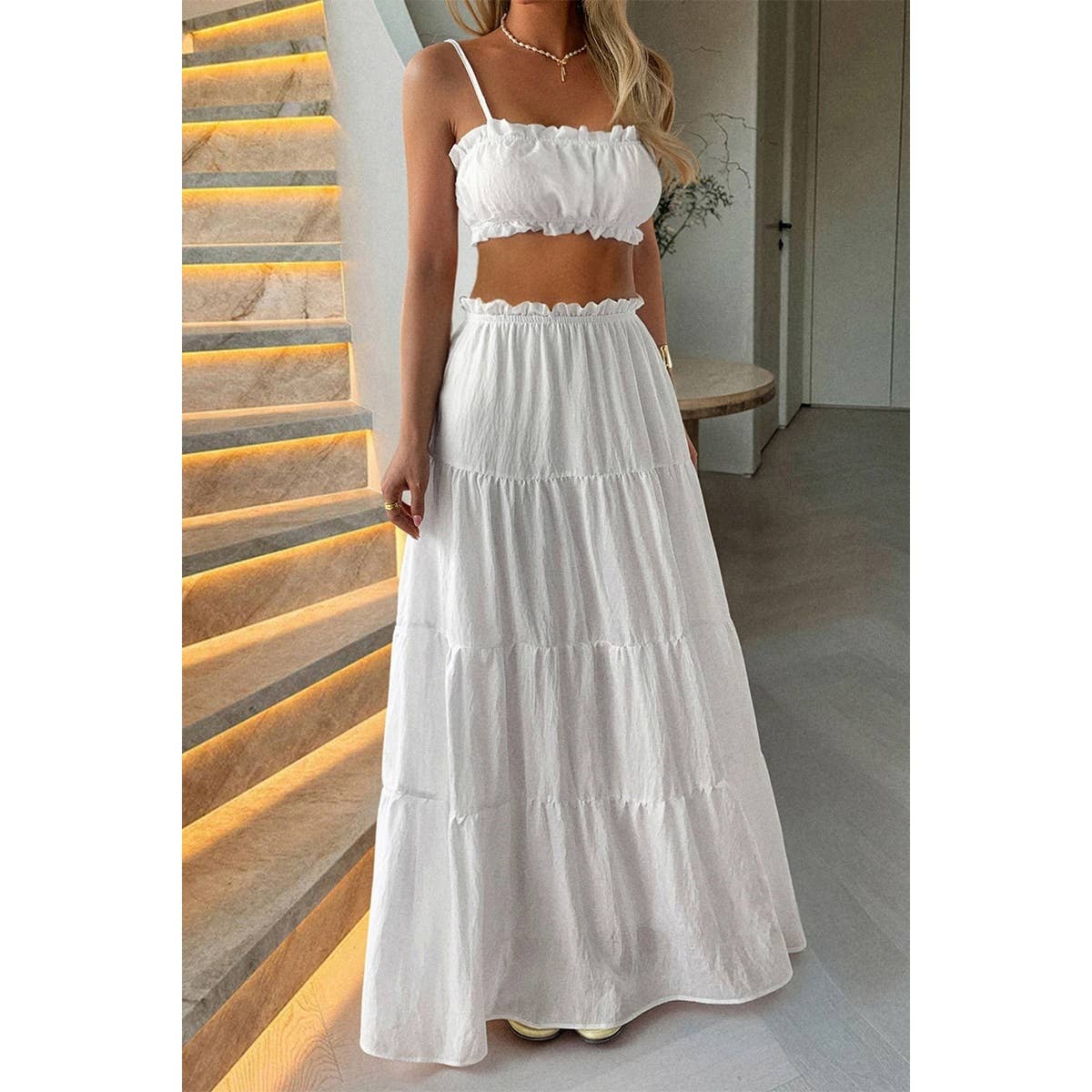 Two Pieces Sleeveless Tank Top And Maxi Skirt Set - MVTFASHION.COM