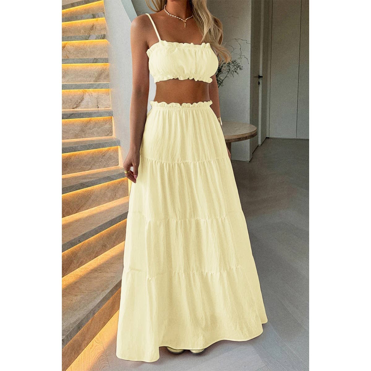 Two Pieces Sleeveless Tank Top And Maxi Skirt Set - MVTFASHION.COM