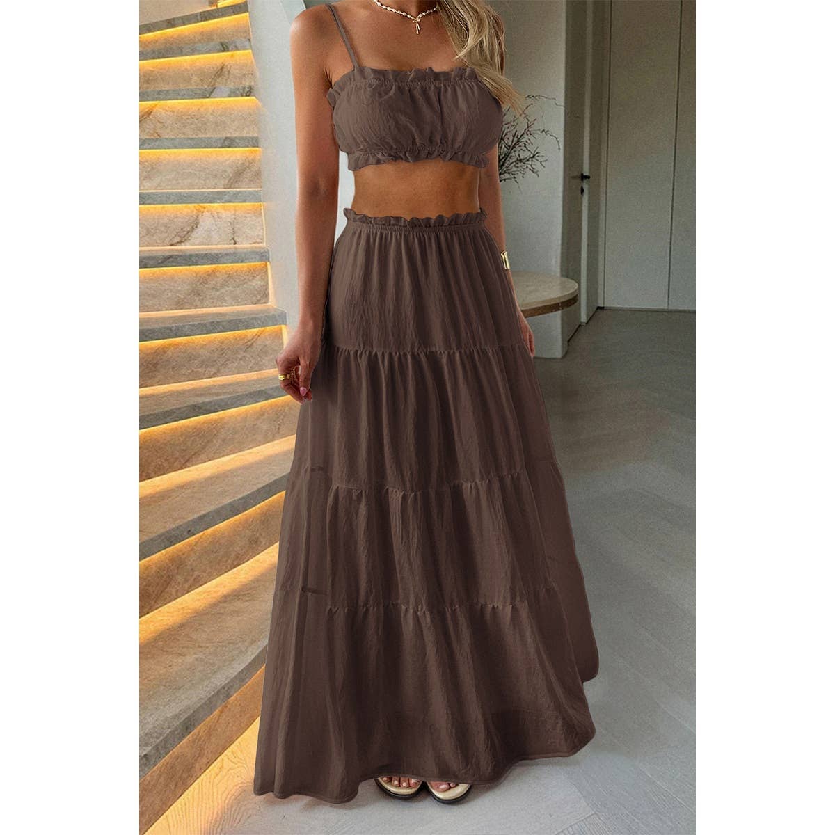Two Pieces Sleeveless Tank Top And Maxi Skirt Set - MVTFASHION.COM