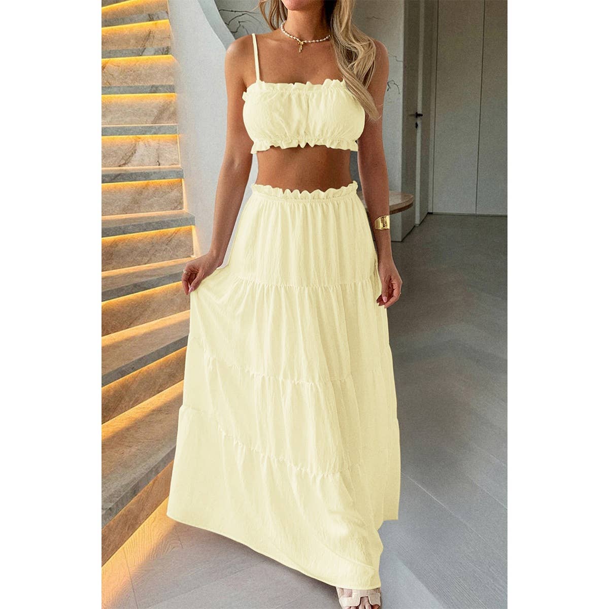 Two Pieces Sleeveless Tank Top And Maxi Skirt Set - MVTFASHION.COM