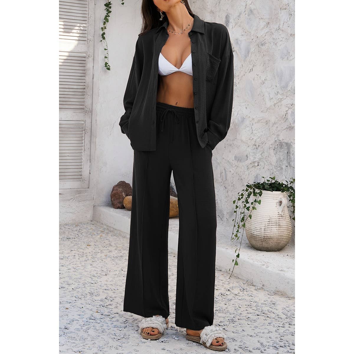 Two Pieces Solid Button Down Blouse Pant Sets - MVTFASHION.COM