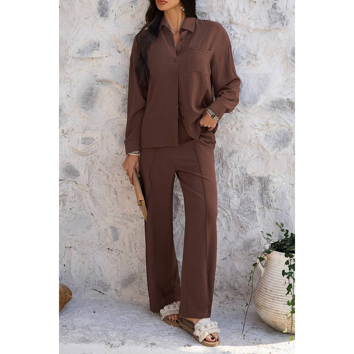 Two Pieces Solid Button Down Blouse Pant Sets - MVTFASHION.COM