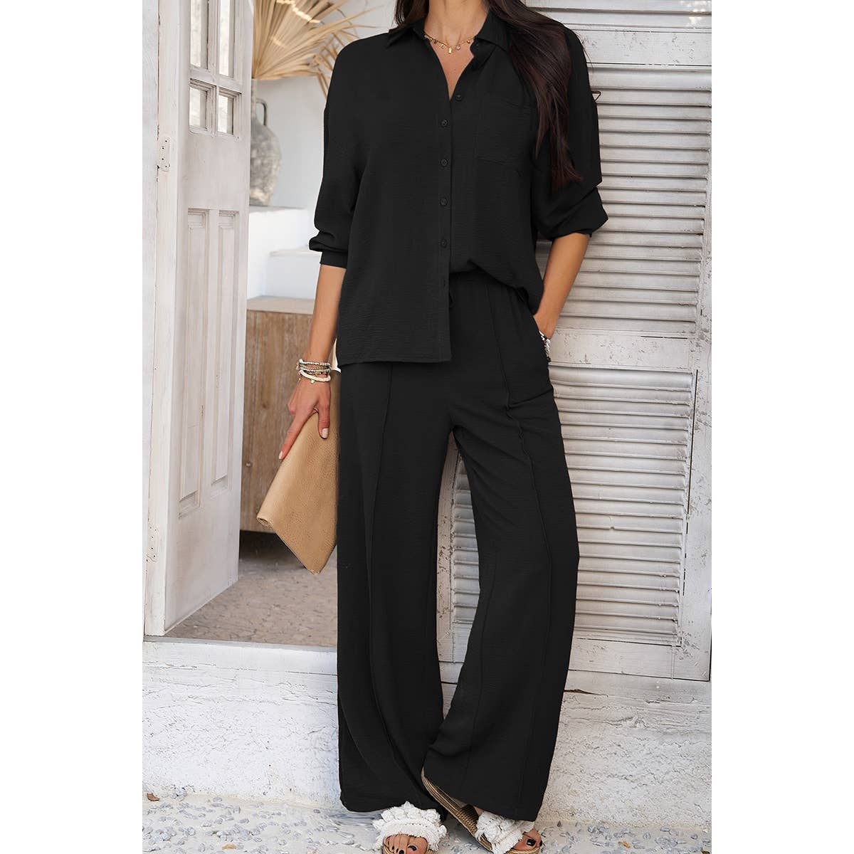 Two Pieces Solid Button Down Blouse Pant Sets - MVTFASHION.COM