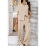 Two Pieces Solid Button Down Blouse Pant Sets - MVTFASHION.COM