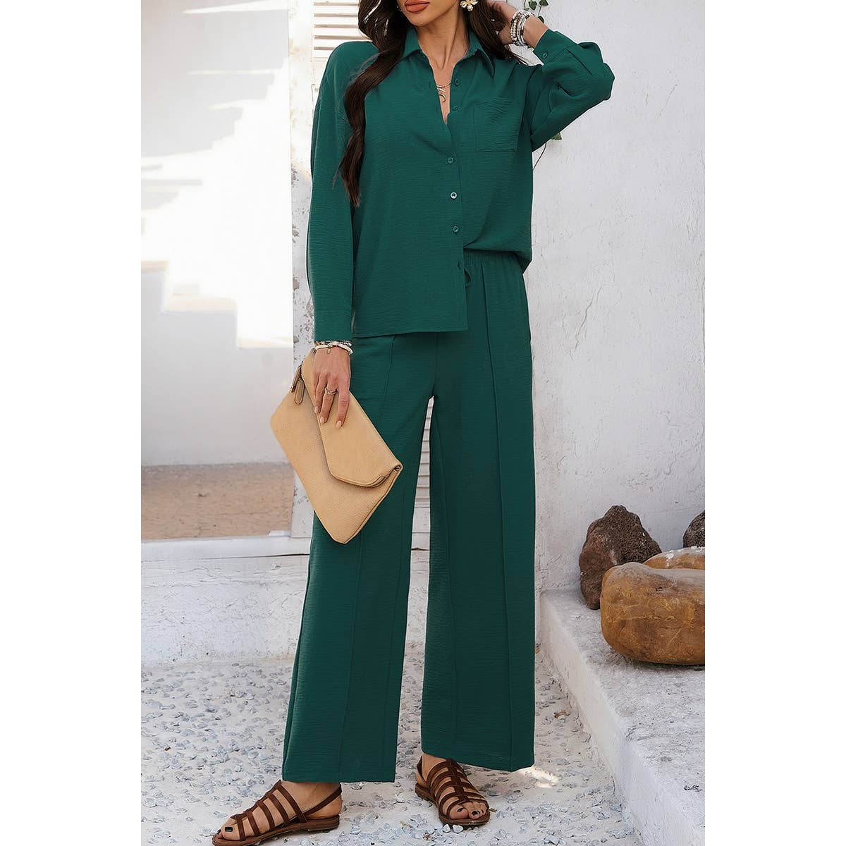 Two Pieces Solid Button Down Blouse Pant Sets - MVTFASHION.COM