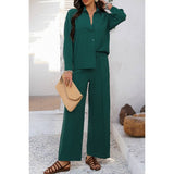 Two Pieces Solid Button Down Blouse Pant Sets - MVTFASHION.COM