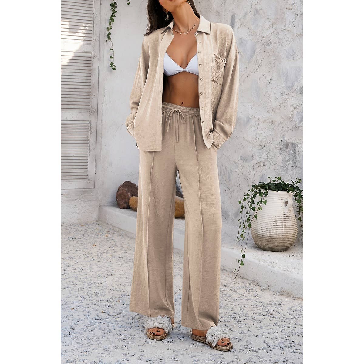 Two Pieces Solid Button Down Blouse Pant Sets - MVTFASHION.COM