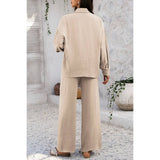 Two Pieces Solid Button Down Blouse Pant Sets - MVTFASHION.COM