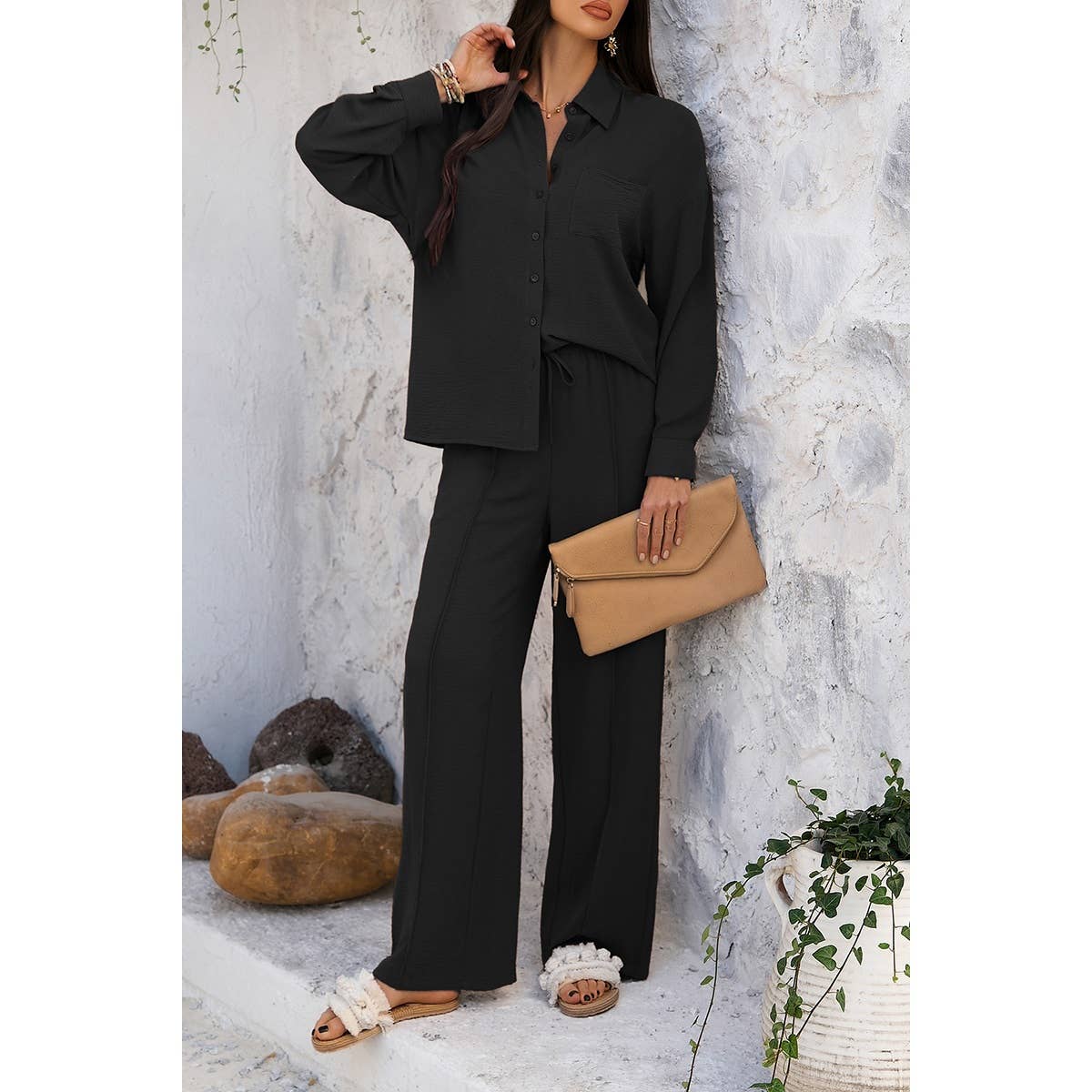 Two Pieces Solid Button Down Blouse Pant Sets - MVTFASHION.COM