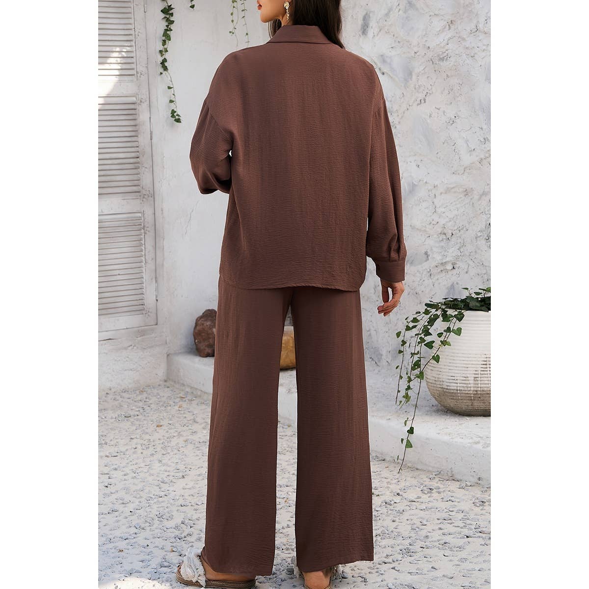 Two Pieces Solid Button Down Blouse Pant Sets - MVTFASHION.COM