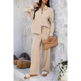 Two Pieces Solid Button Down Blouse Pant Sets - MVTFASHION.COM