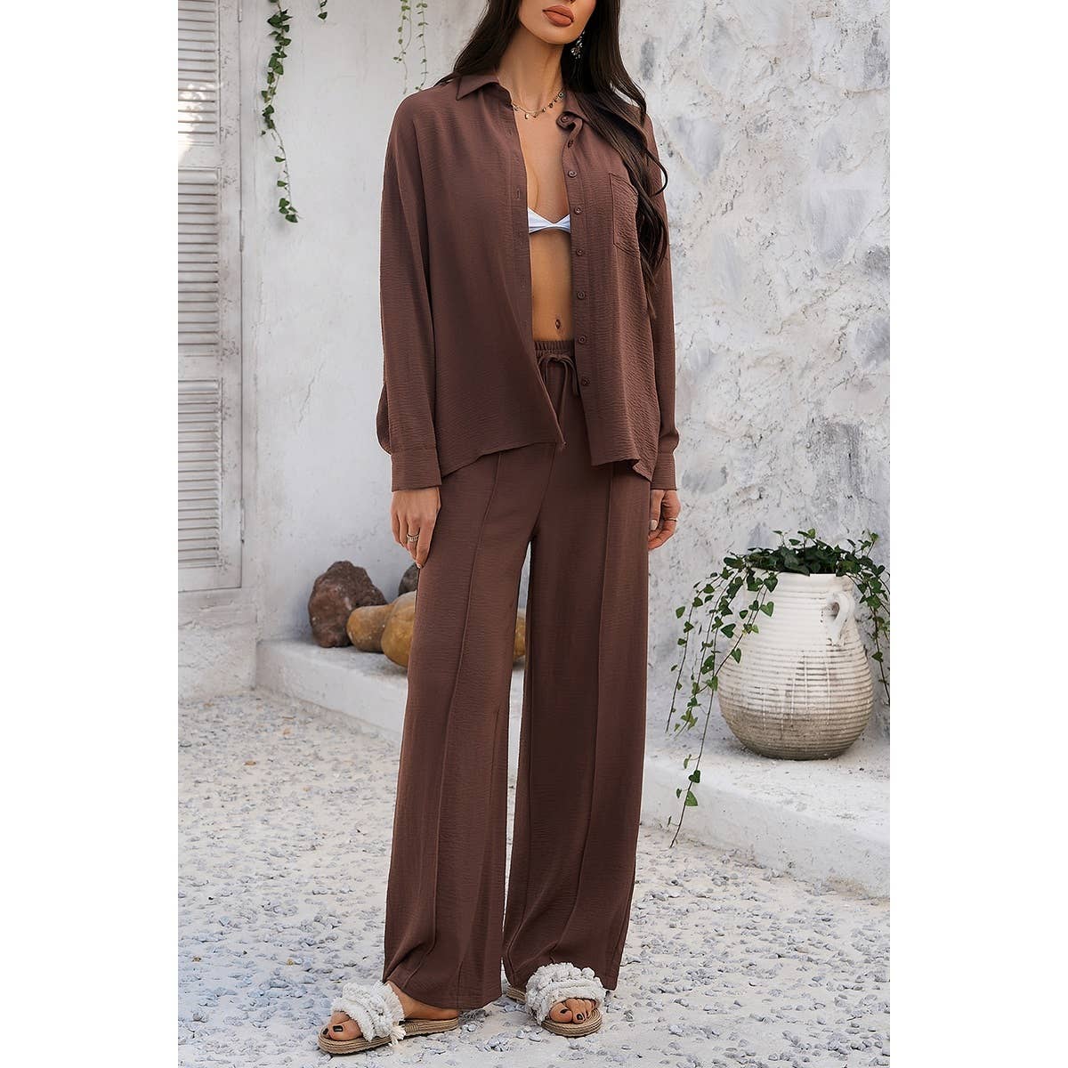 Two Pieces Solid Button Down Blouse Pant Sets - MVTFASHION.COM