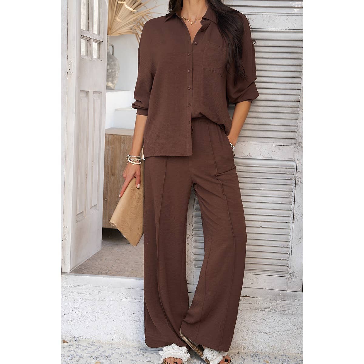 Two Pieces Solid Button Down Blouse Pant Sets - MVTFASHION.COM