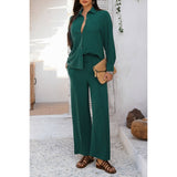 Two Pieces Solid Button Down Blouse Pant Sets - MVTFASHION.COM