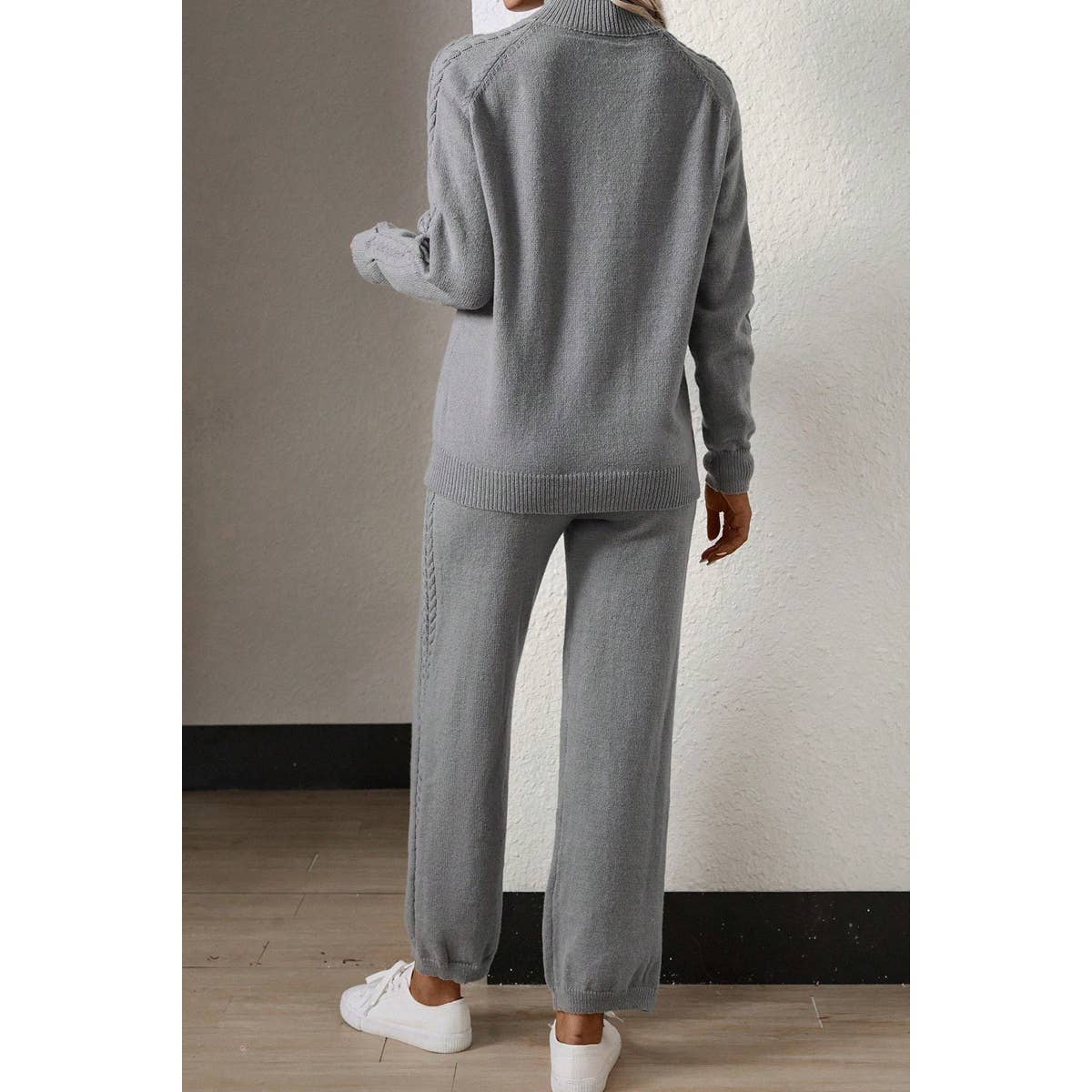 Two Pieces Solid Collar Knit Sweater Pant Set - MVTFASHION.COM