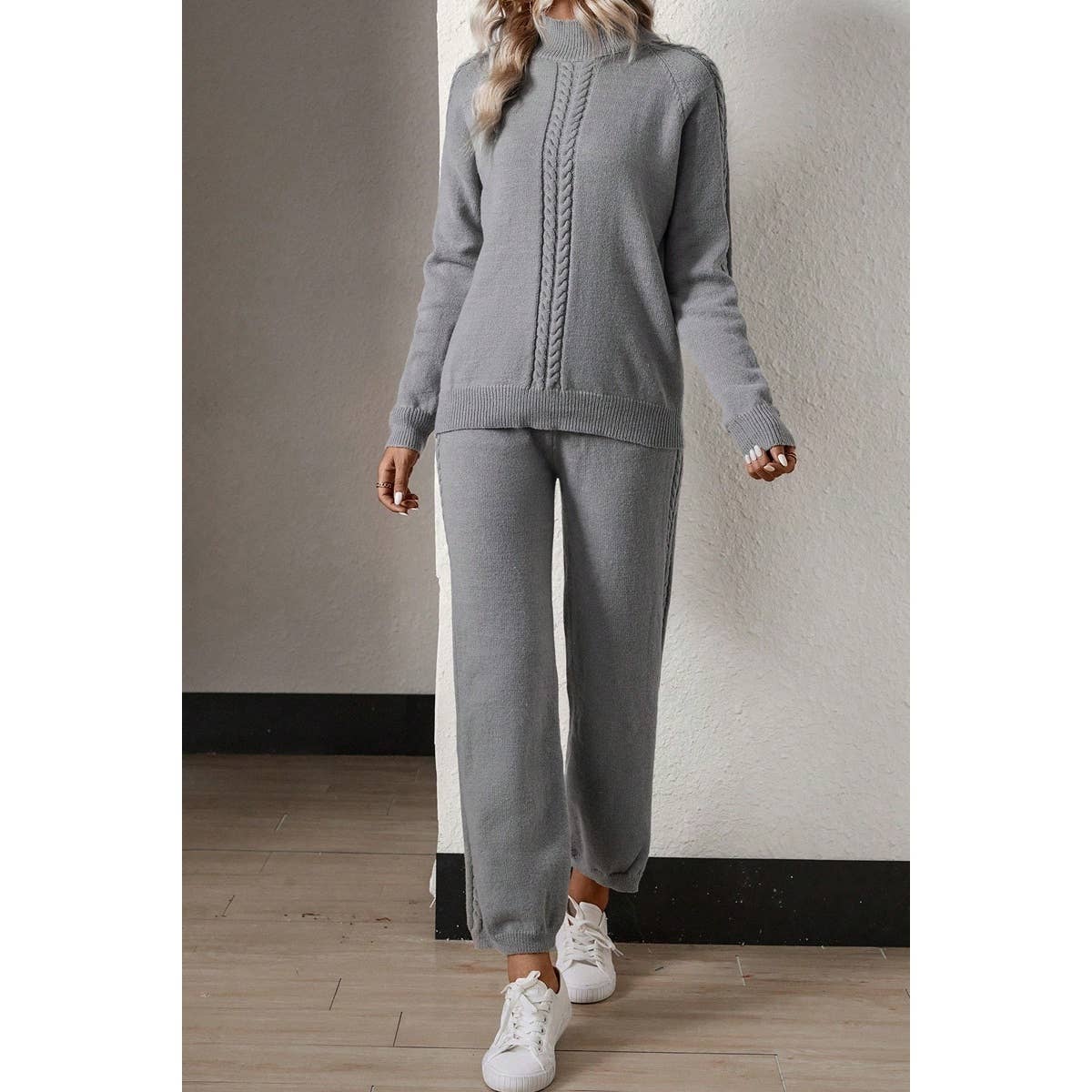 Two Pieces Solid Collar Knit Sweater Pant Set - MVTFASHION.COM