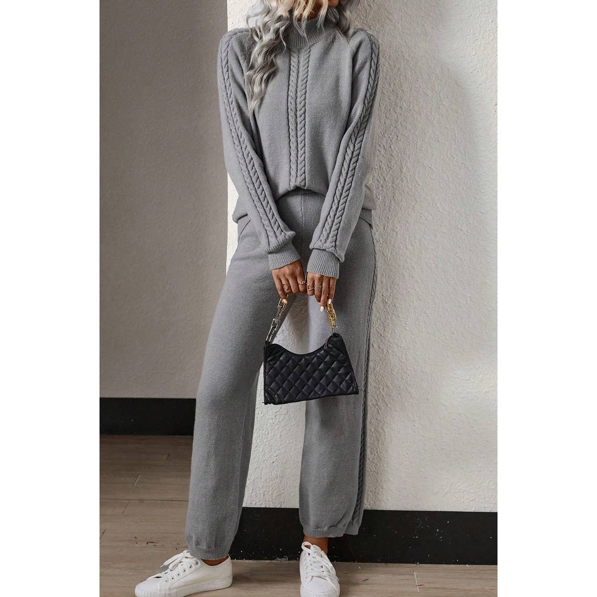 Two Pieces Solid Collar Knit Sweater Pant Set - MVTFASHION.COM