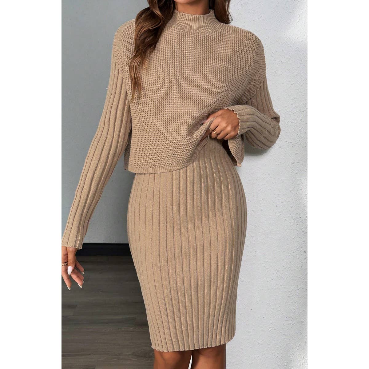 Two Pieces Solid Knit Vest Bodycon Midi Dress - MVTFASHION.COM