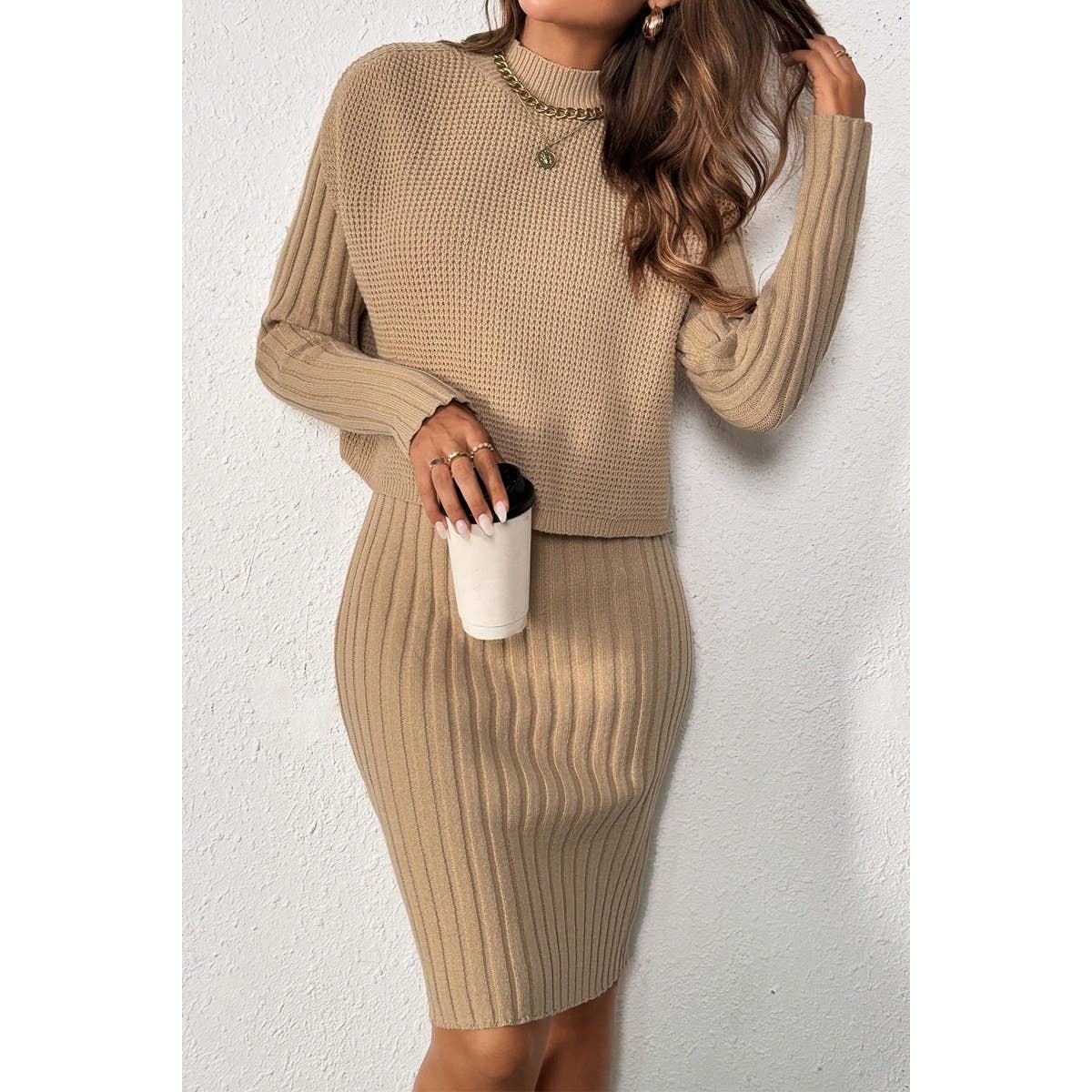 Two Pieces Solid Knit Vest Bodycon Midi Dress - MVTFASHION.COM