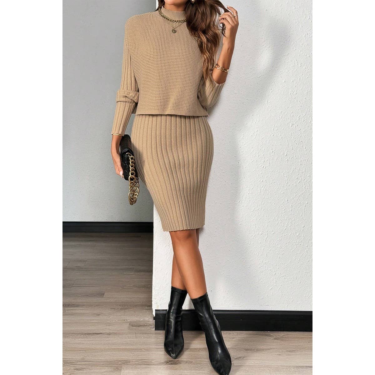 Two Pieces Solid Knit Vest Bodycon Midi Dress - MVTFASHION.COM