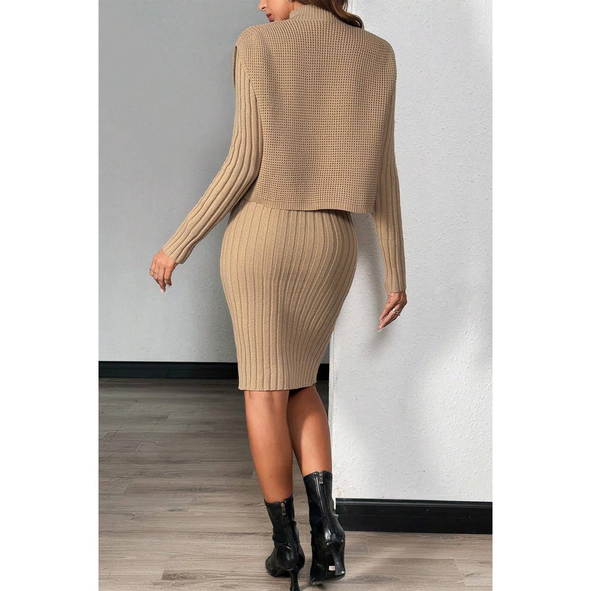 Two Pieces Solid Knit Vest Bodycon Midi Dress - MVTFASHION.COM