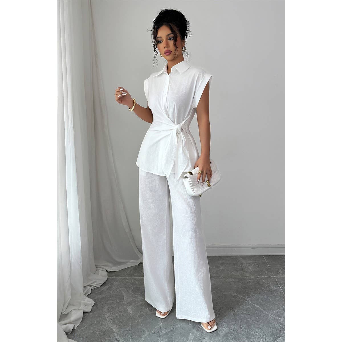 Two Pieces Solid Knot Shirt Wide Leg Sets - MVTFASHION.COM