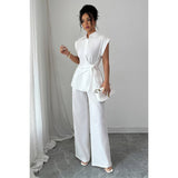 Two Pieces Solid Knot Shirt Wide Leg Sets - MVTFASHION.COM