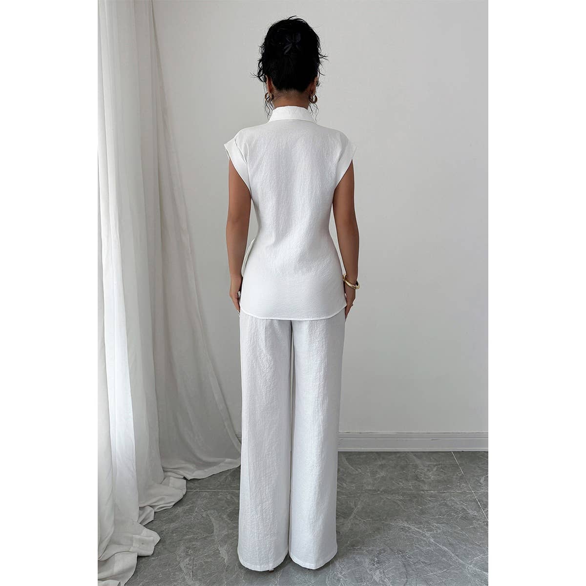 Two Pieces Solid Knot Shirt Wide Leg Sets - MVTFASHION.COM