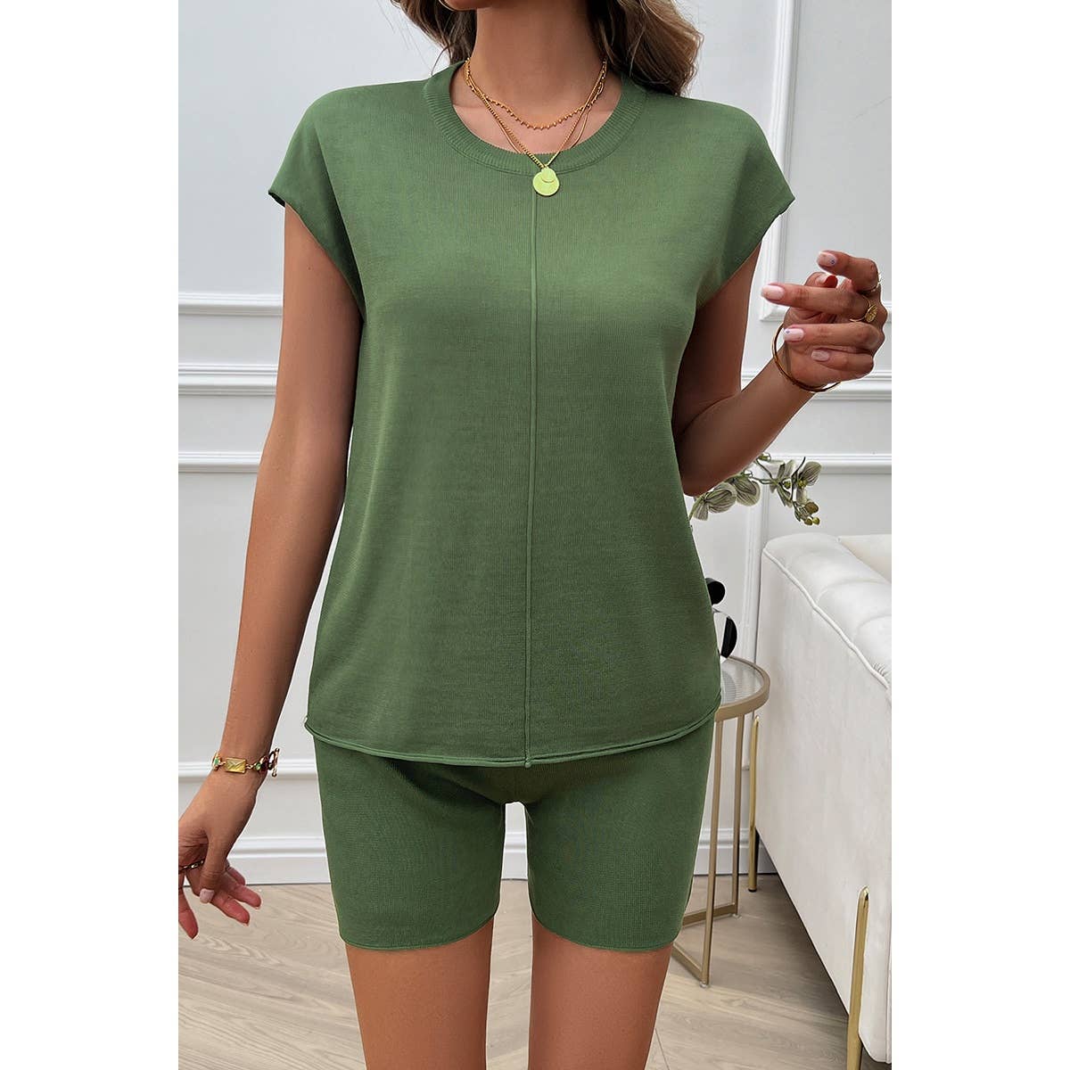 Two Pieces Solid Round Neck Cap Sleeve Loose Set - MVTFASHION.COM