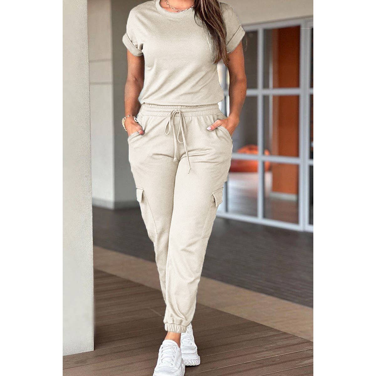 Two Pieces Solid Round Neck Shirt Drawstring Pants - MVTFASHION.COM