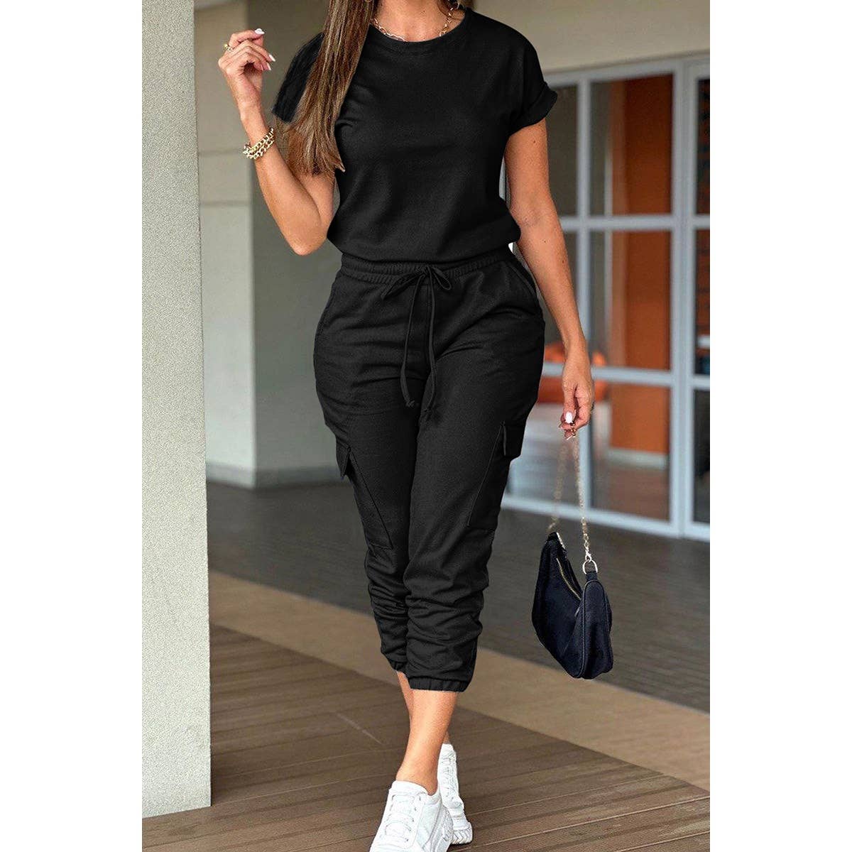 Two Pieces Solid Round Neck Shirt Drawstring Pants - MVTFASHION.COM