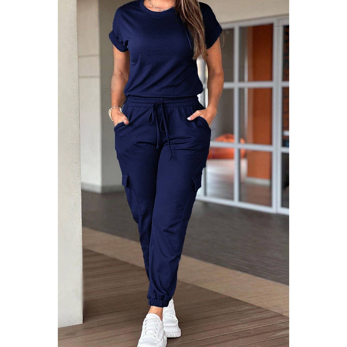 Two Pieces Solid Round Neck Shirt Drawstring Pants - MVTFASHION.COM