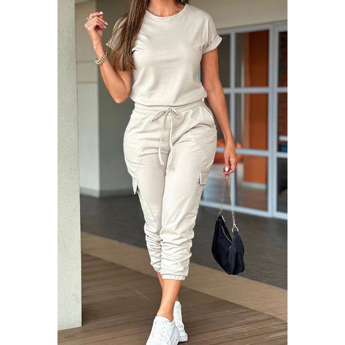 Two Pieces Solid Round Neck Shirt Drawstring Pants - MVTFASHION.COM