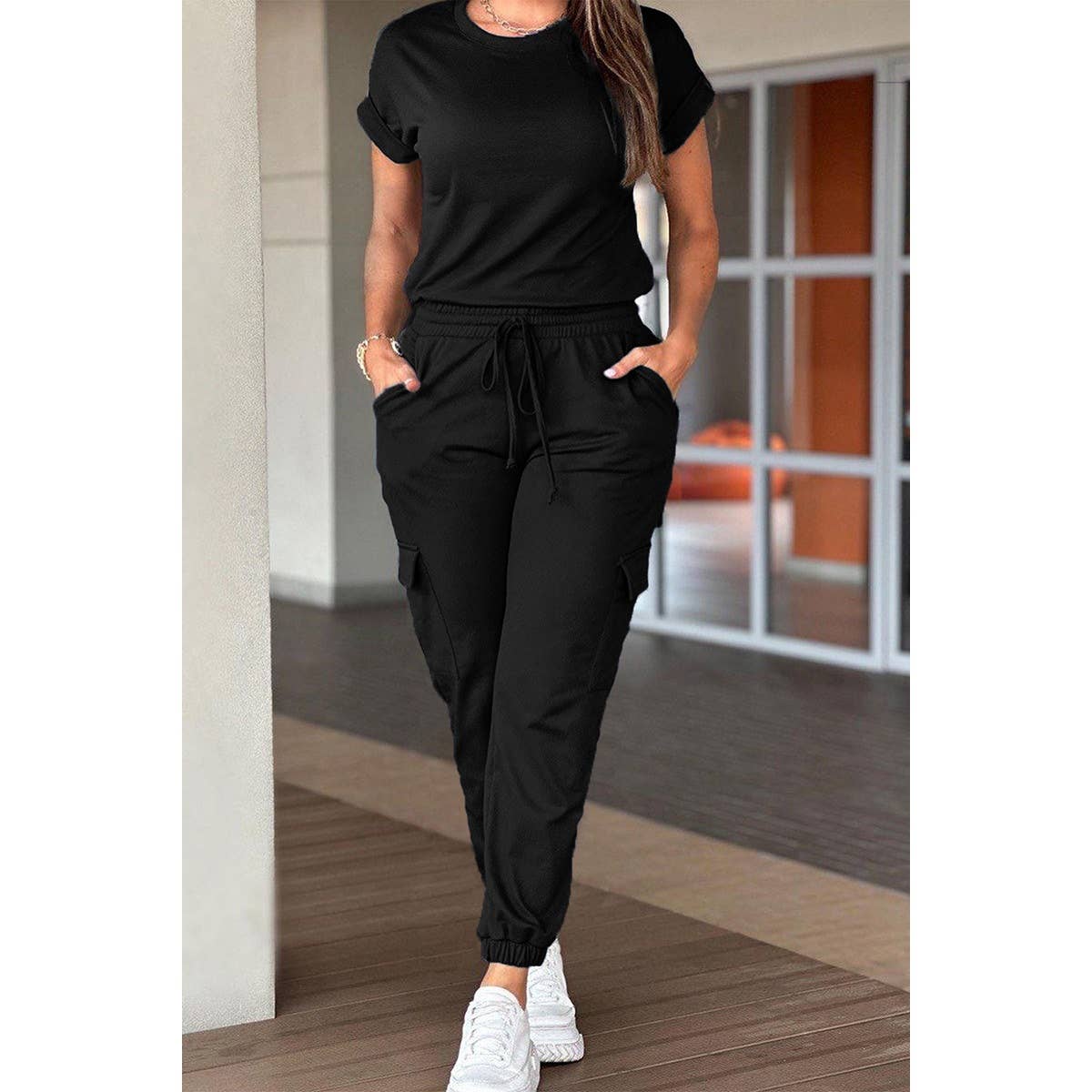 Two Pieces Solid Round Neck Shirt Drawstring Pants - MVTFASHION.COM