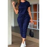 Two Pieces Solid Round Neck Shirt Drawstring Pants - MVTFASHION.COM