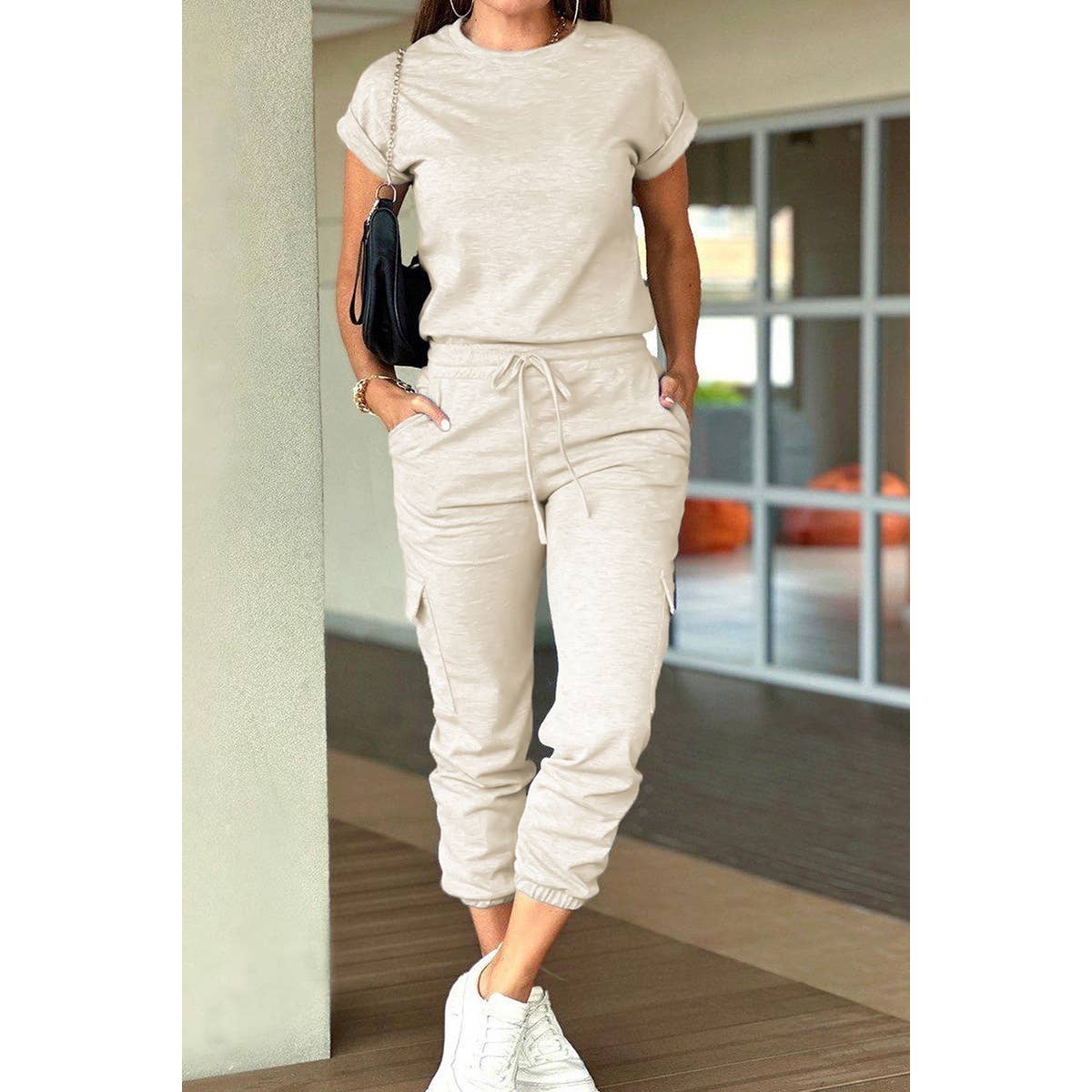 Two Pieces Solid Round Neck Shirt Drawstring Pants - MVTFASHION.COM