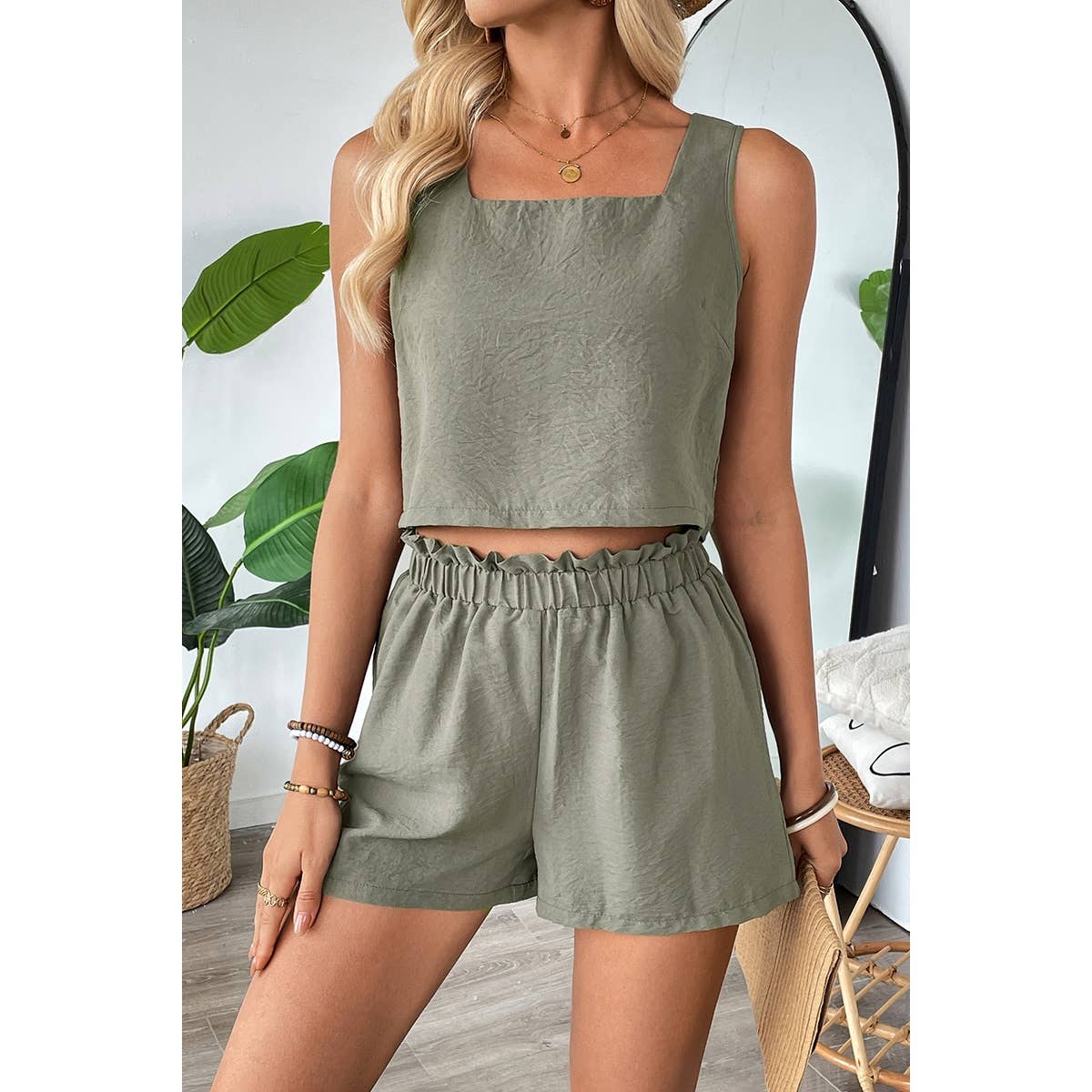 Two Pieces Solid Square Neck Elastic Waist Sets - MVTFASHION.COM