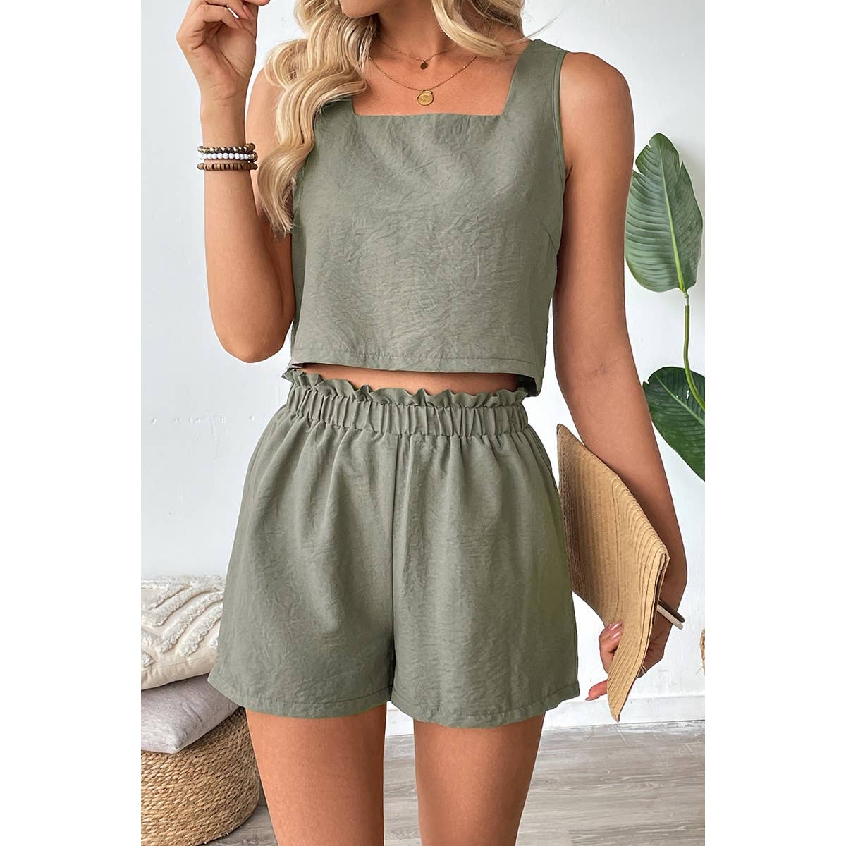 Two Pieces Solid Square Neck Elastic Waist Sets - MVTFASHION.COM