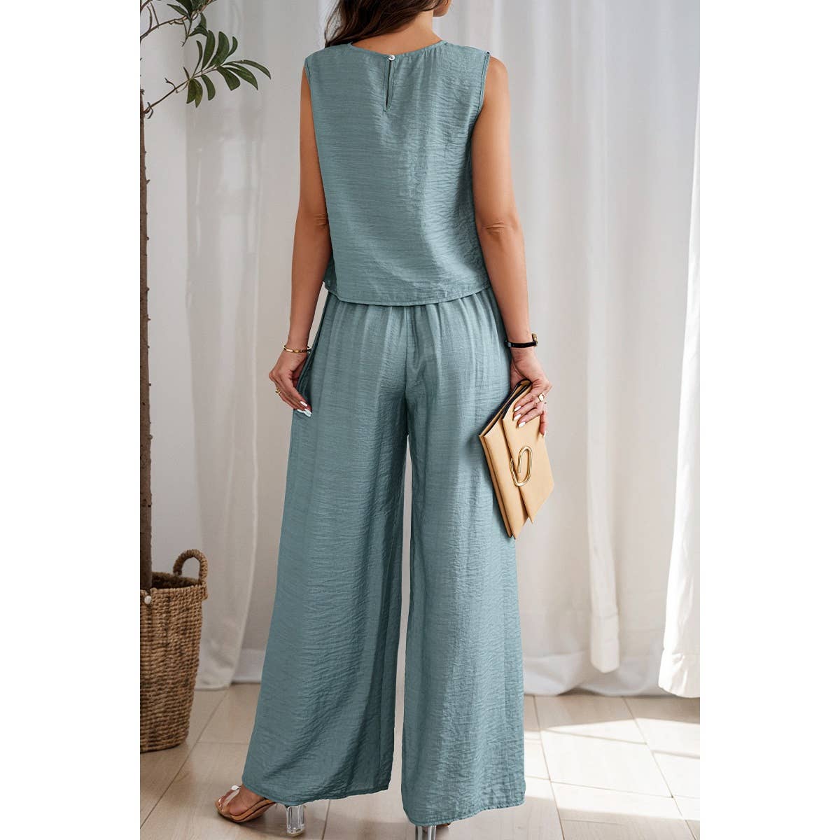 Two Pieces Solid Tank Wide Leg Pants Set - MVTFASHION.COM