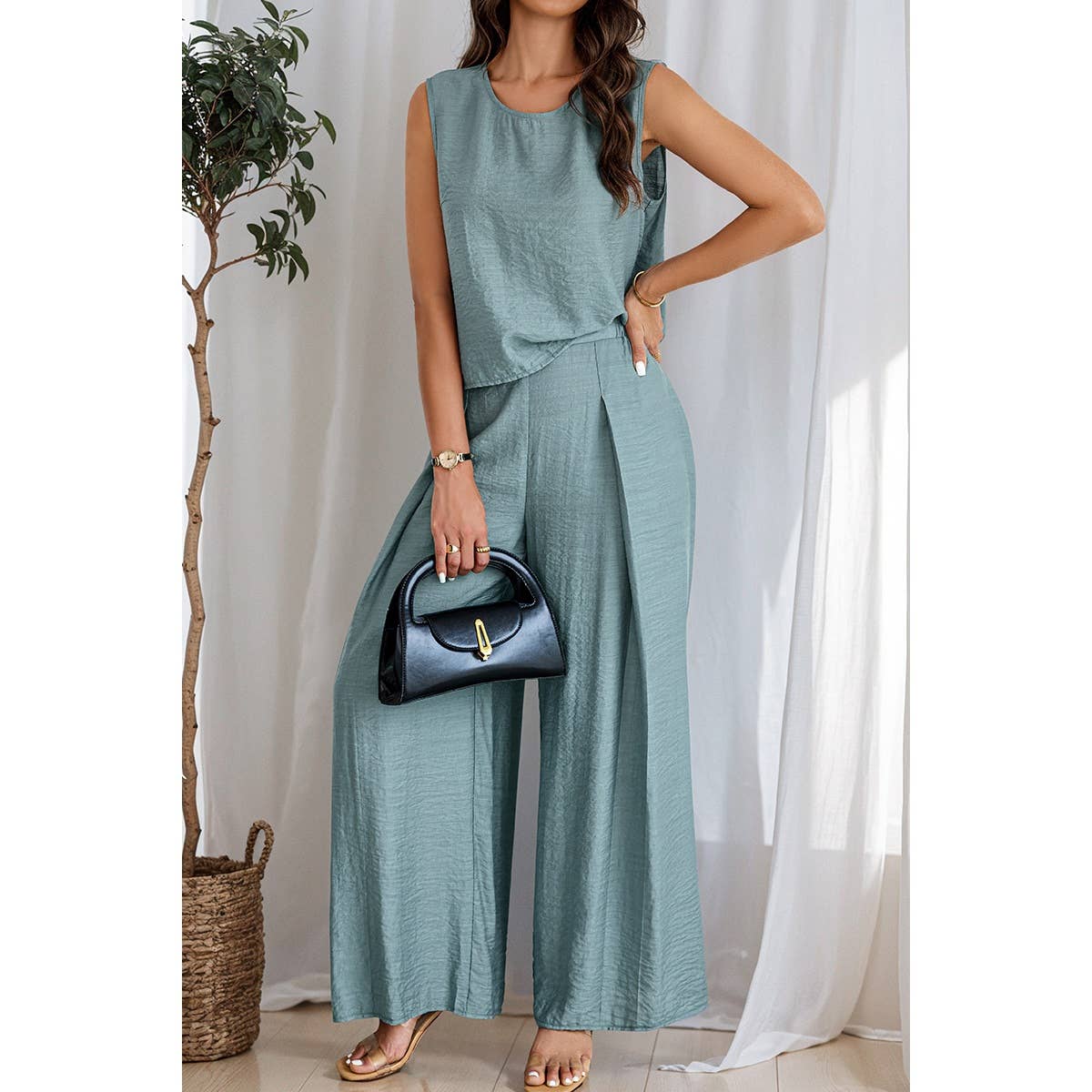 Two Pieces Solid Tank Wide Leg Pants Set - MVTFASHION.COM
